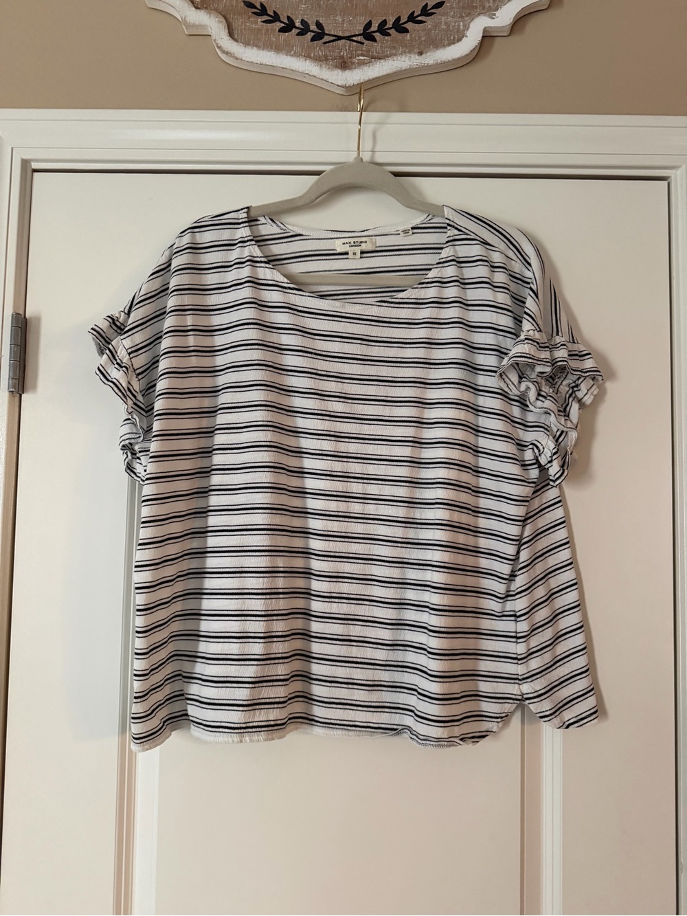 Max Studio White & Black Striped Ruffle Sleeve Tee